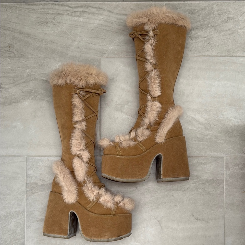 Demonia Brand Camel Tan Fur-Trimmed Platform Boots